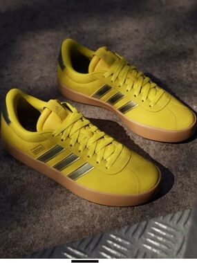 adidas Yellow Sneakers with Gold Stripes and Gum Sole